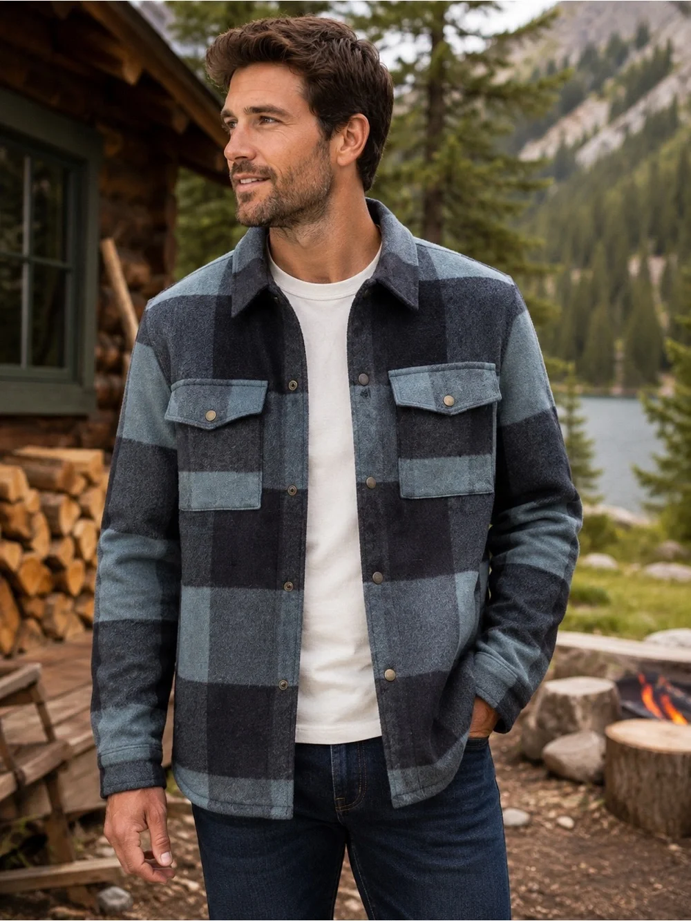 NWT VRST Wool Blend Shacket Men’s S Blue Buffalo Plaid Shirt Jacket Snap Front